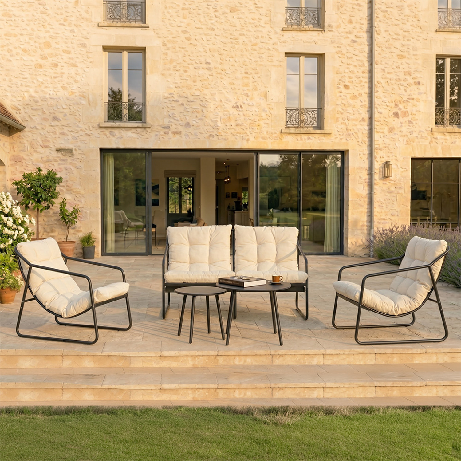 Salon de jardin 4 places gris et beige avec tables basses ANTHI