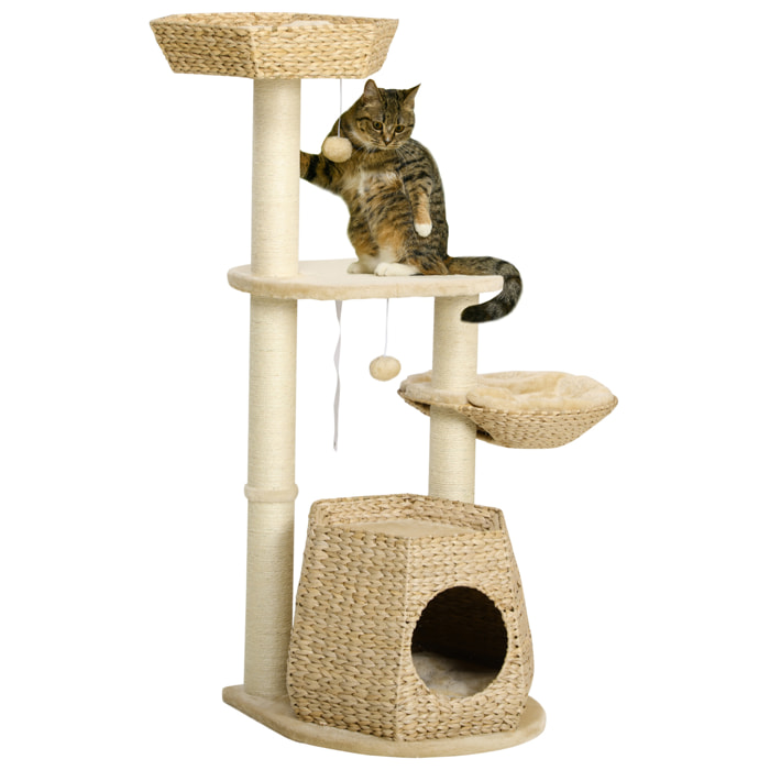 Arbre à chat style cosy chic griffoirs sisal naturel niche 2 paniers avec coussins plateforme 2 boules suspendues quenouille peluche courte crème beige