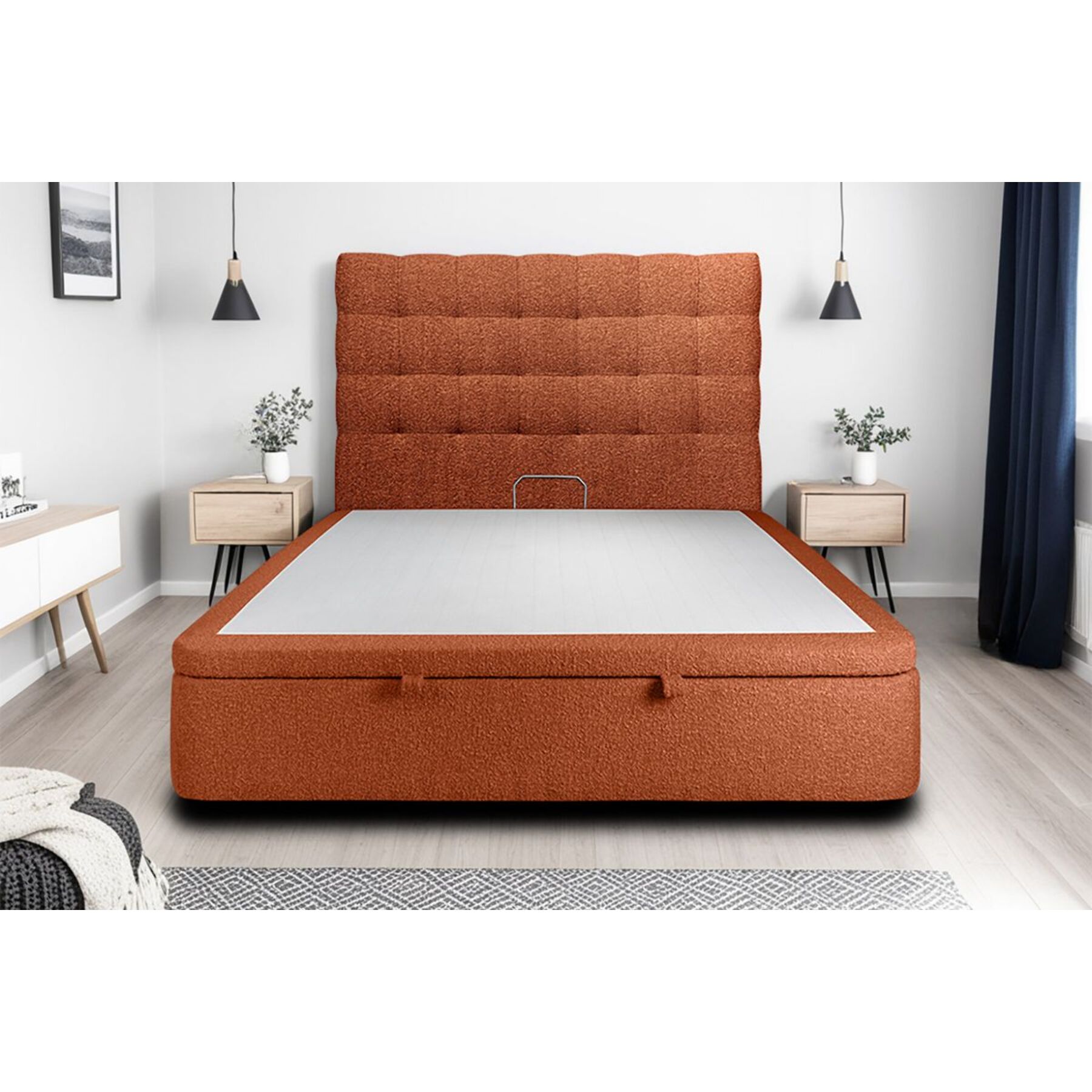 Lit coffre avec tête de lit capitonnée bouclette