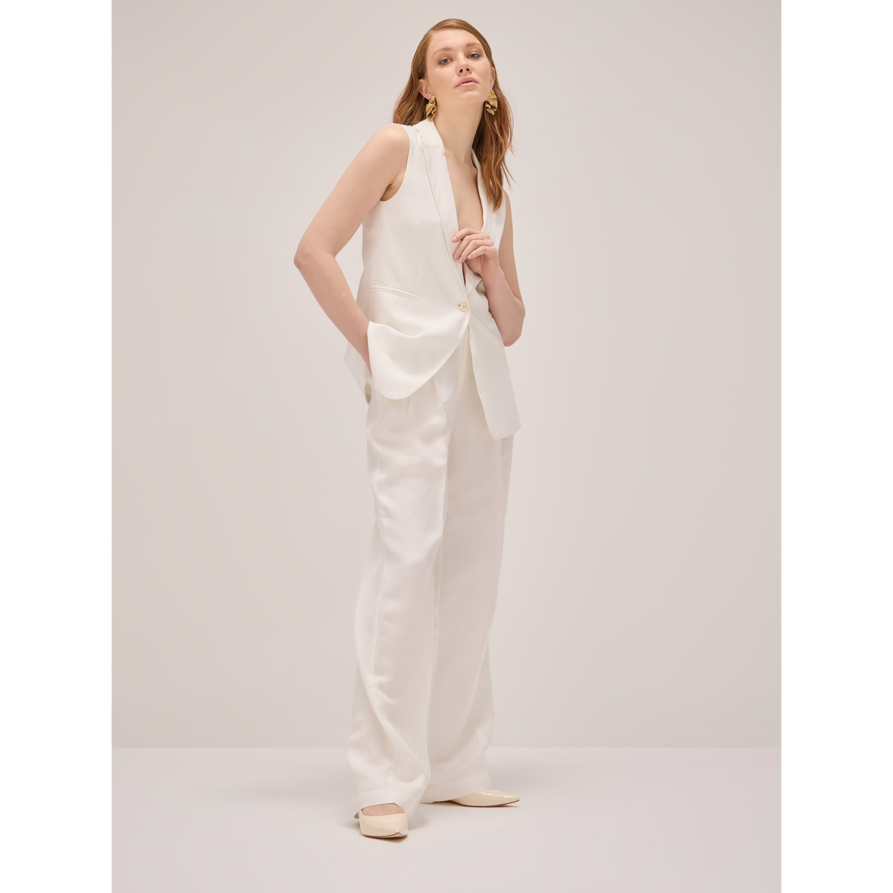 Oltre - Pantalones wide leg mezcla de lino - Blanco