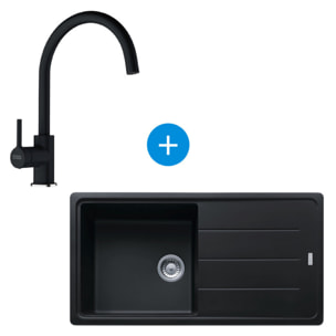 Set Basis Evier 97x50cm avec égouttoir réversible, Fragranit +, Onyx + Mitigeur col de cygne en Fragranit