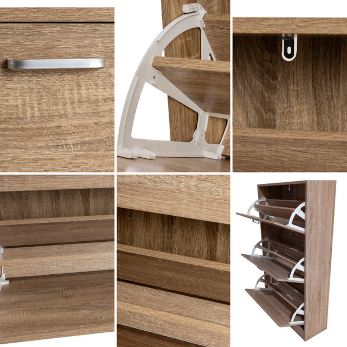 Scarpiera 3 ante salvaspazio in finitura rovere, mobile porta scarpe compatto fino a 18 paia, design moderno e funzionale, ideale per ingresso e corridoio, struttura resistente, facile da montare con istruzioni e accessori inclusi