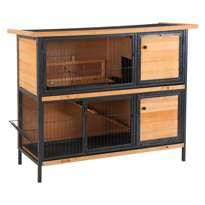 Conejera de Madera de 2 Niveles Jaula para Conejos con Techo Asfáltico Abatible Puertas con Pestillo Bandejas Extraíbles y Rampa Conejera para Exterior 122x50x101 cm Natural y Negro