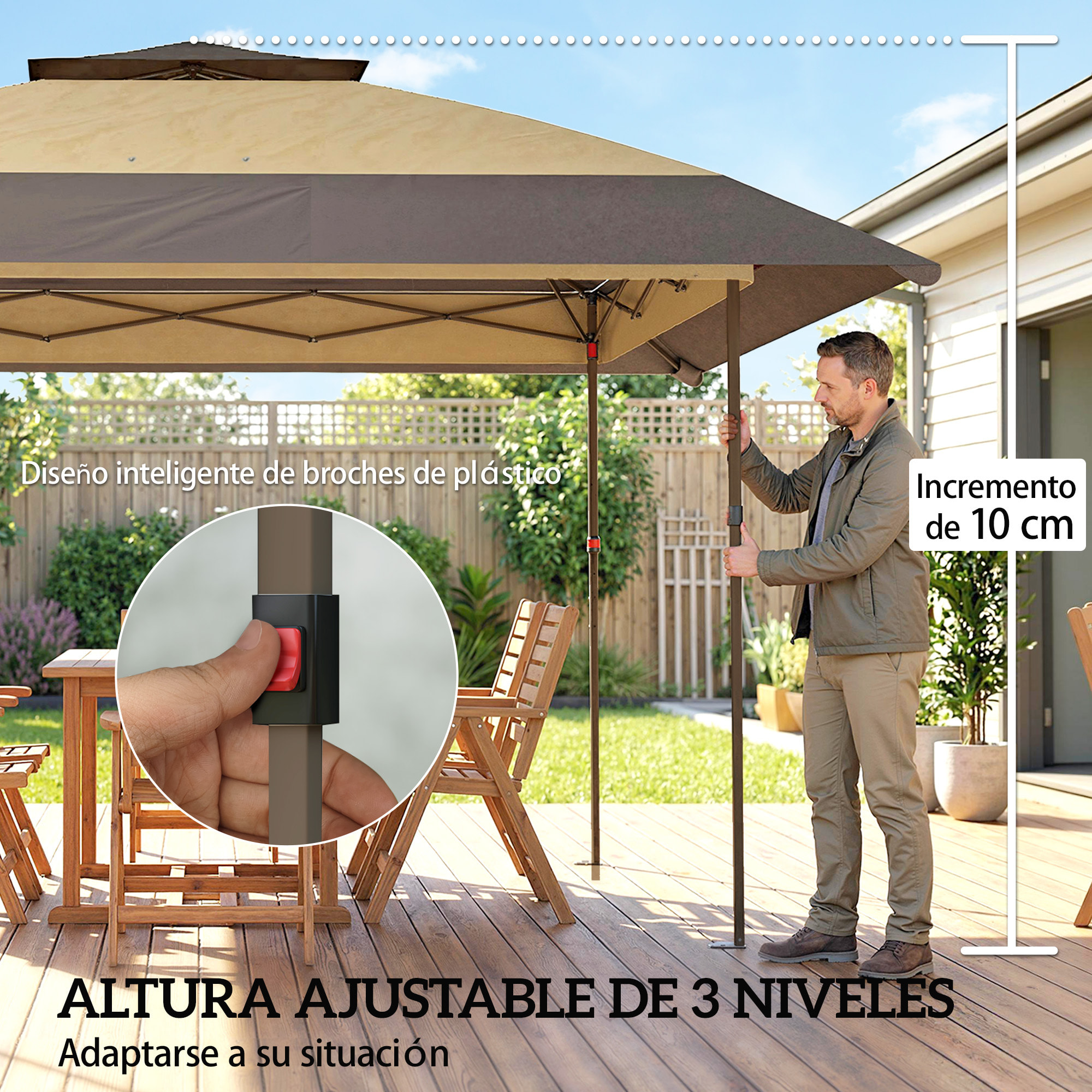 Carpa Plegable 4x4 m, Pop-up, con Doble Techo, 4 Paredes Laterales de Malla, Cenador de Jardín con Altura Ajustable 3 Niveles, Bolsa de Transporte, UPF30+, Gazebo para Camping, Fiestas, Caqui