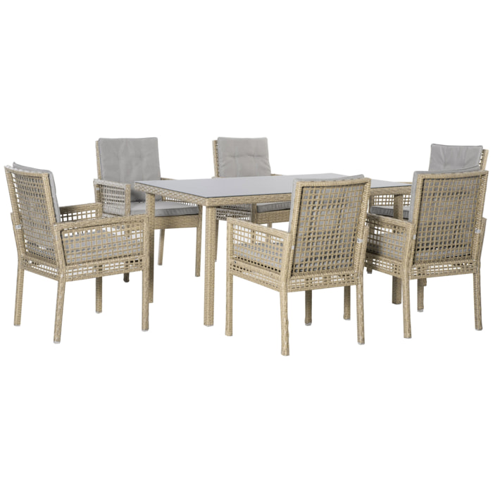 Conjunto de Muebles de Comedor para Jardín 7 Piezas 1 Mesa de Vidrio y 6 Sillas de Ratán con Respaldo Transpirable y Cojines Acolchados para Terraza Exterior Gris y Natural