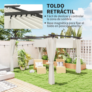 Pérgola con Techo Retráctil 4x3 m Pérgola de Aluminio con Paredes Laterales Cenador con Tela de Poliéster Anti-UV Resistente al Agua Pabellón para Jardín Patio Terraza Crema
