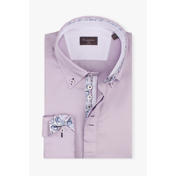 Camicia Uomo 2 Bottoni Button Down Slim Satin Unito Lilla