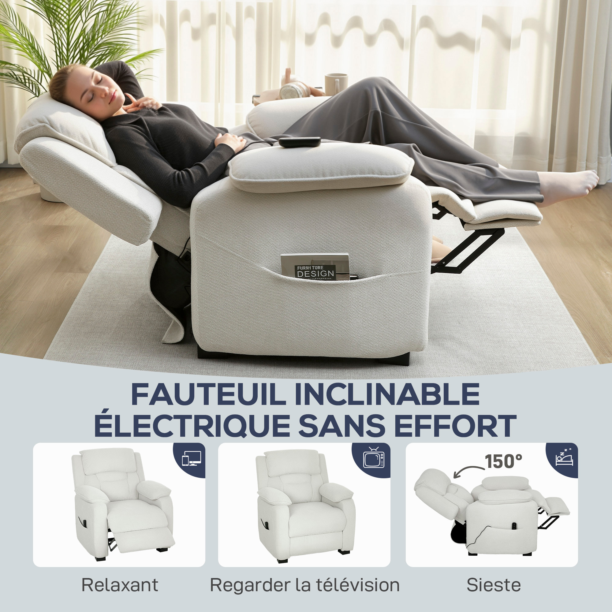 Fauteuil relax électrique inclinable repose-pieds port USB intégré velours blanc cassé