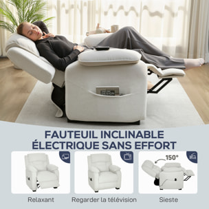 Fauteuil relax électrique inclinable repose-pieds port USB intégré velours blanc cassé