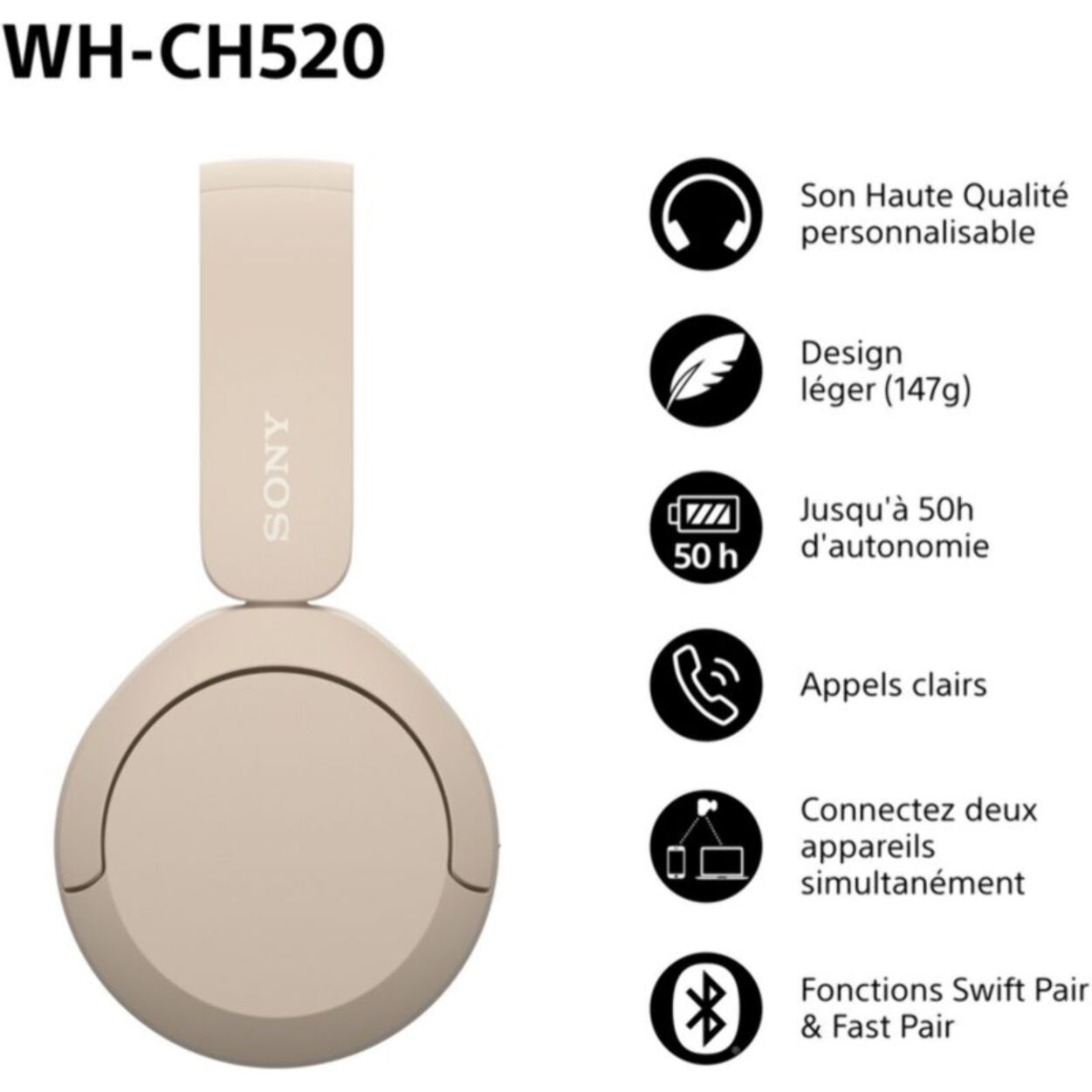 Casque SONY WH-CH520 Crème
