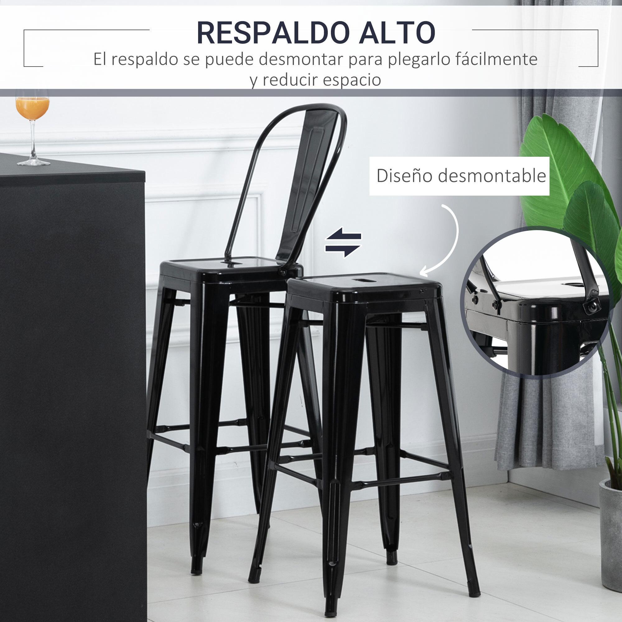 Juego de 4 Taburetes Altos de Cocina de Metal con Respaldo Alto 44x49x116 cm