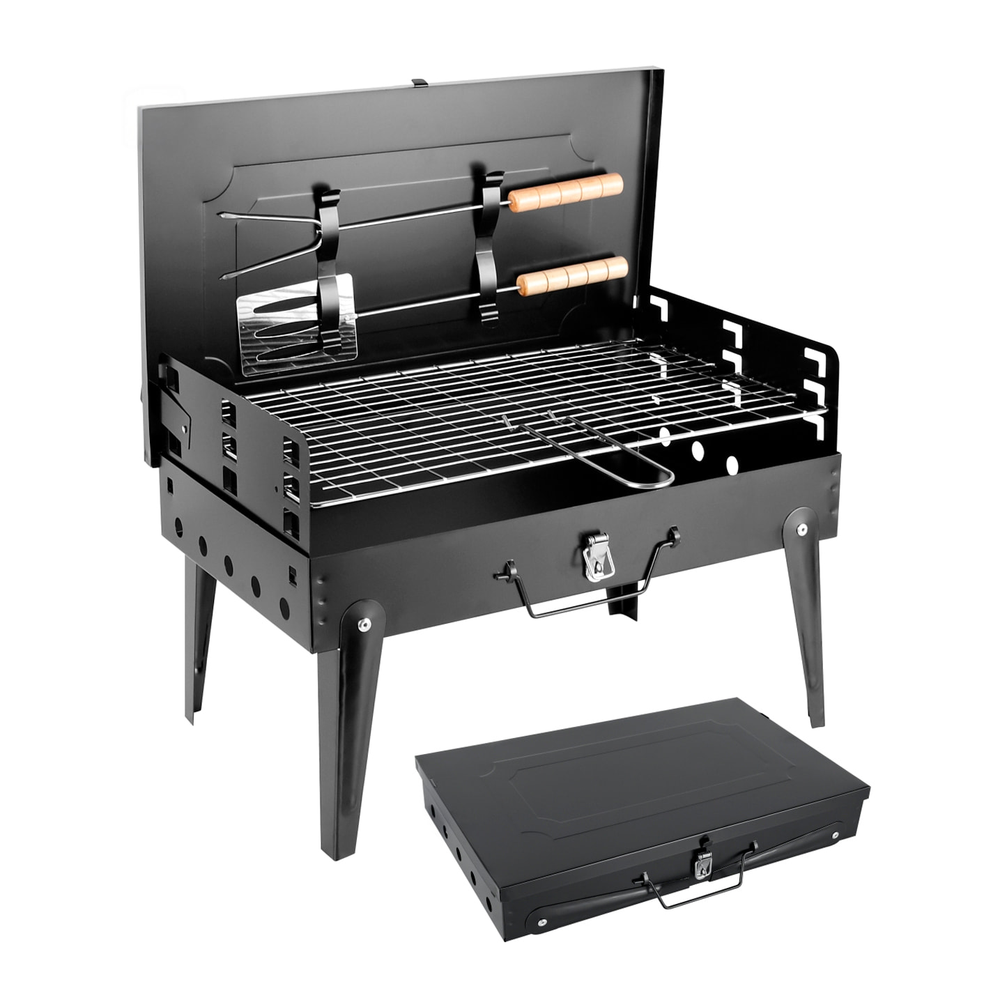 Barbacoa portátil plegable de carbón CA-07, grill regulable en tres alturas, ventilación optimizada y acabado resistente a la corrosión.