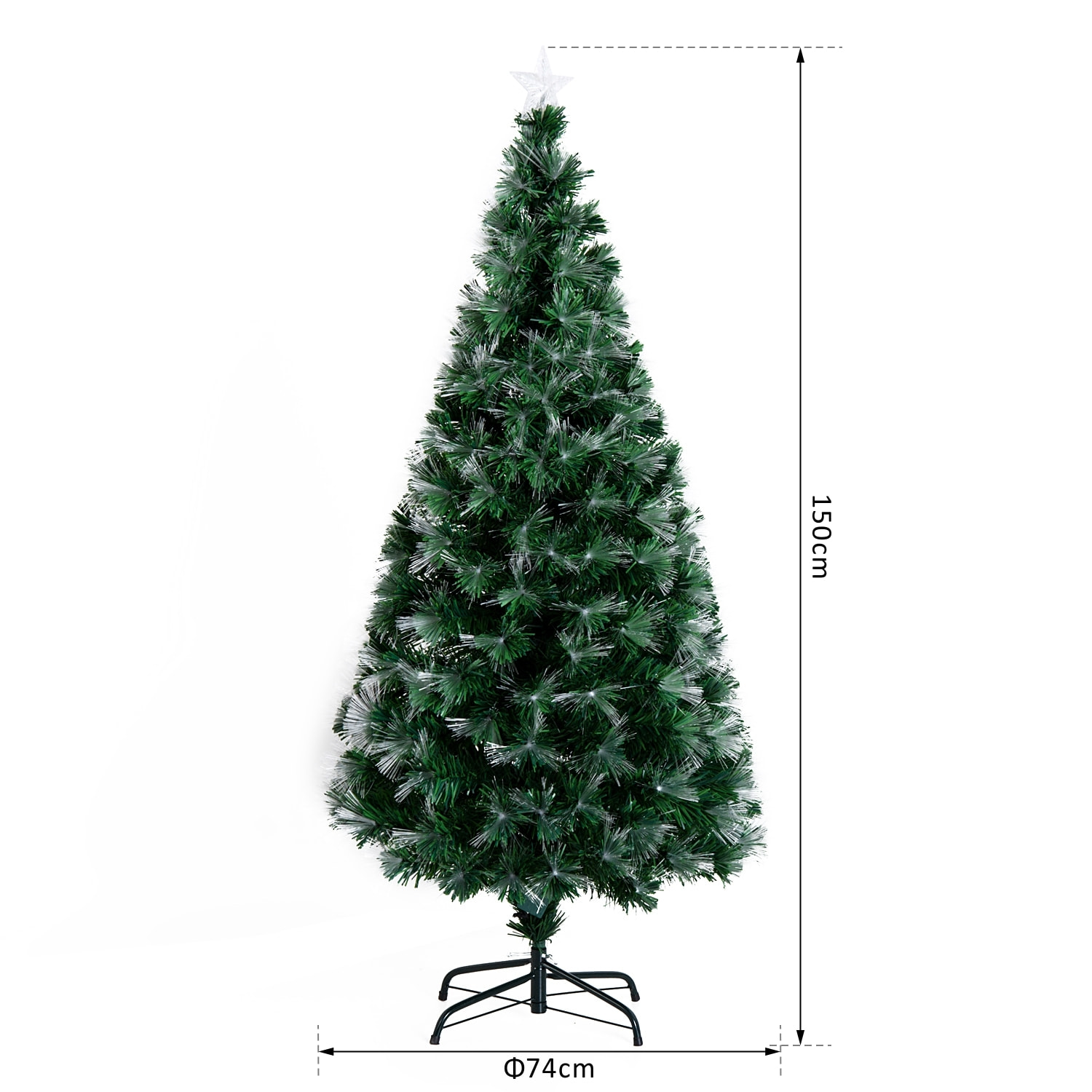 Sapin de Noël artificiel lumineux fibre optique LED multicolore + support pied Ø 74 x 150H cm 180 branches étoile sommet brillante vert