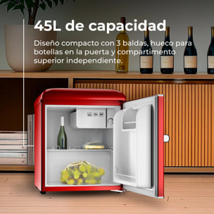 EVVO Frigorífico Mini F20 Retro Rojo, 45 litros, diseño vintage, bajo consumo, silencioso