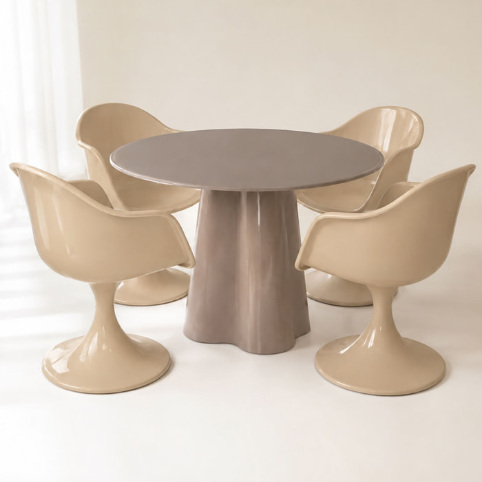 Ensemble table ronde 120cm et 4 fauteuils en résine acrylique vison GLAM
