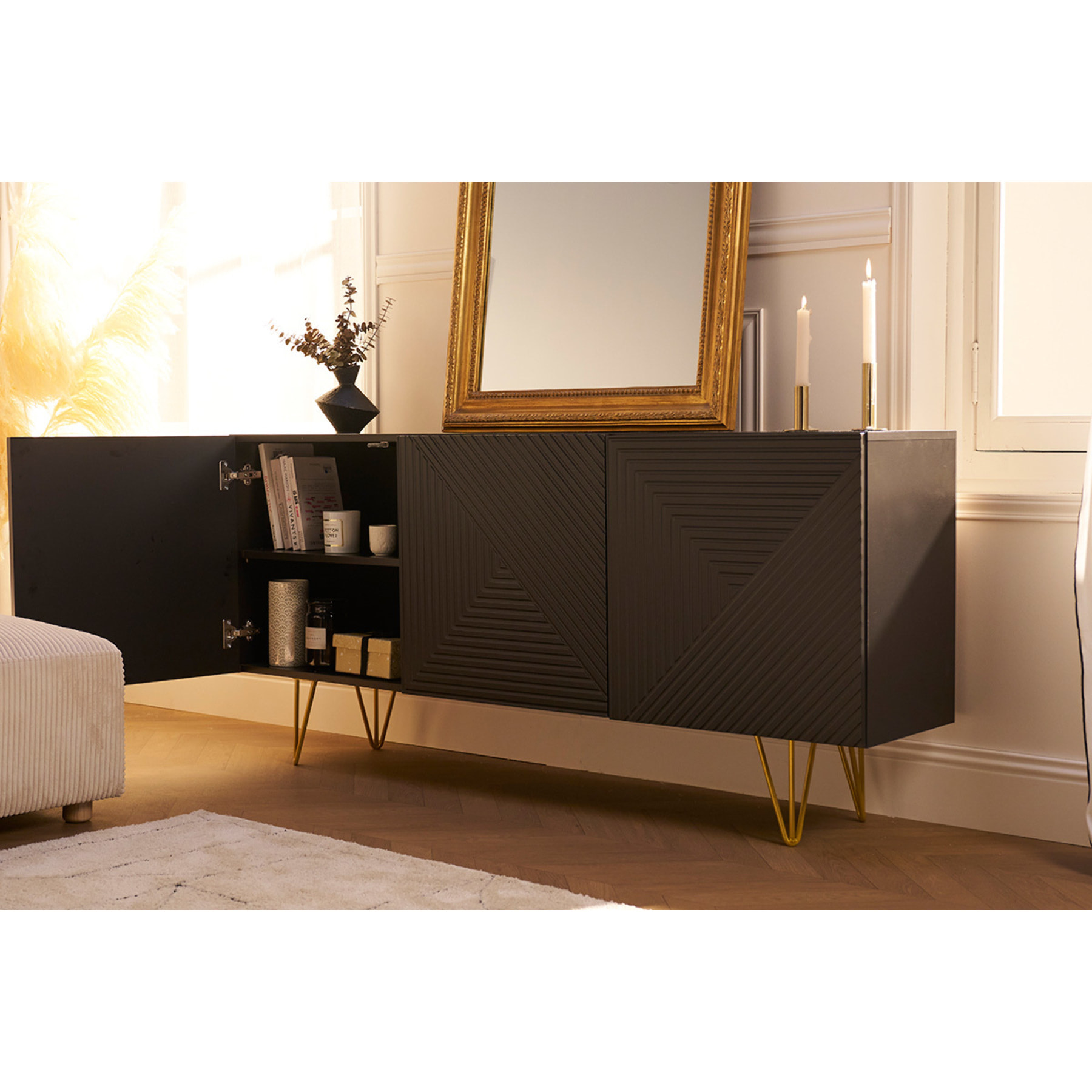 Buffet design gravé noir et métal doré 3 portes L160 cm OZEN