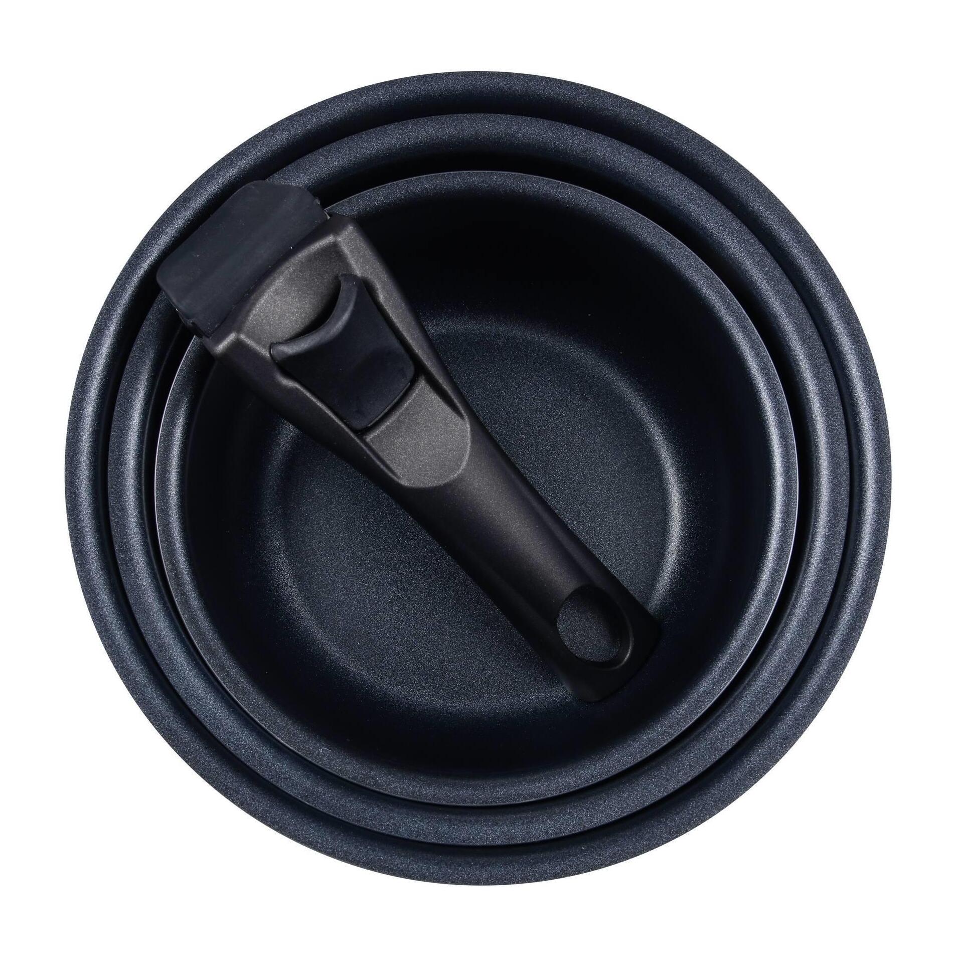 juego de 3 cazos ø16ø18ø20cm aluminio prensado negro + mango extraíble