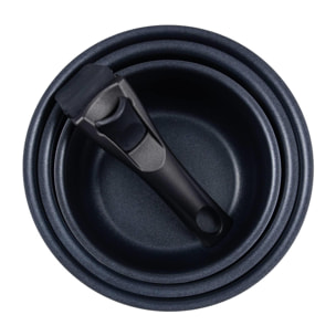 juego de 3 cazos ø16ø18ø20cm aluminio prensado negro + mango extraíble