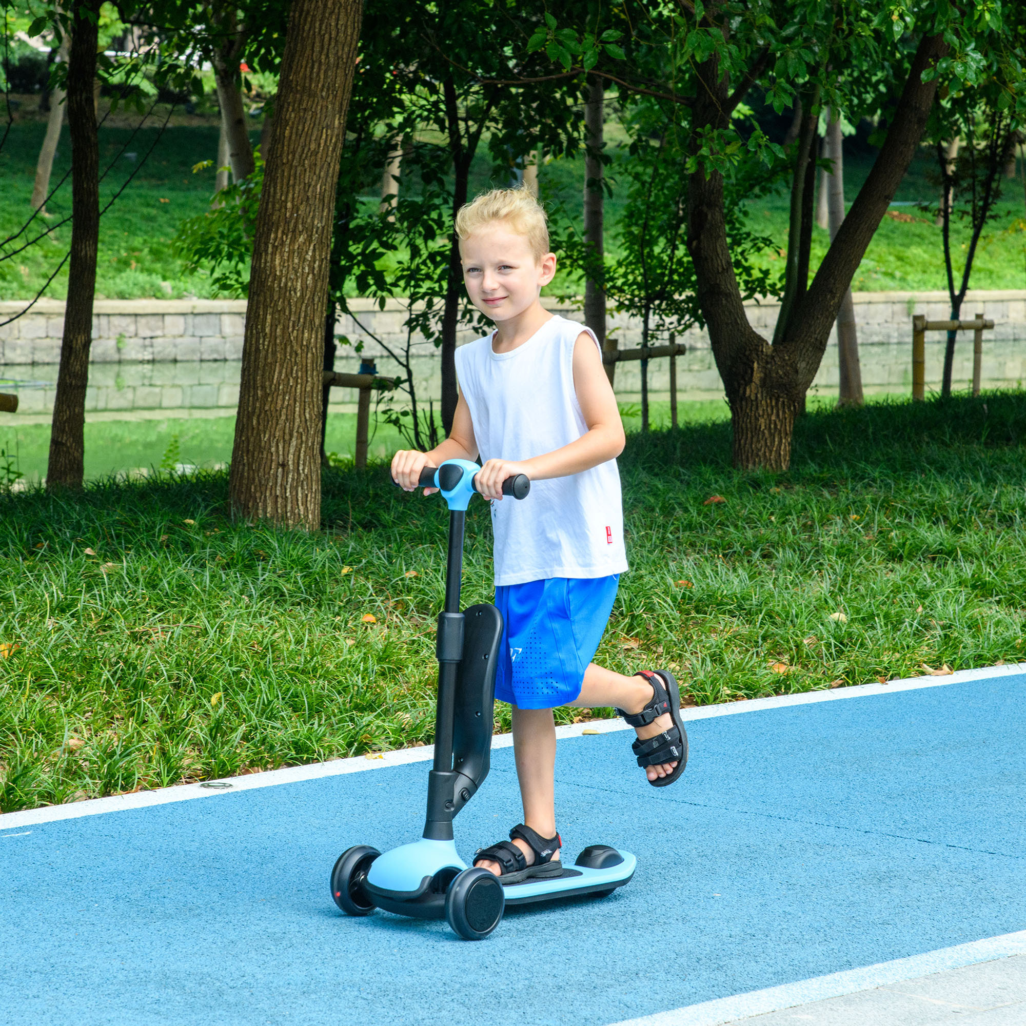 Patinete para Niños 2 en 1 Patinete Infantil Asiento Plegable con Altura Ajustable 3 Ruedas Brillantes para +18 Meses Carga 50 kg 58x31x64-79 cm Azul