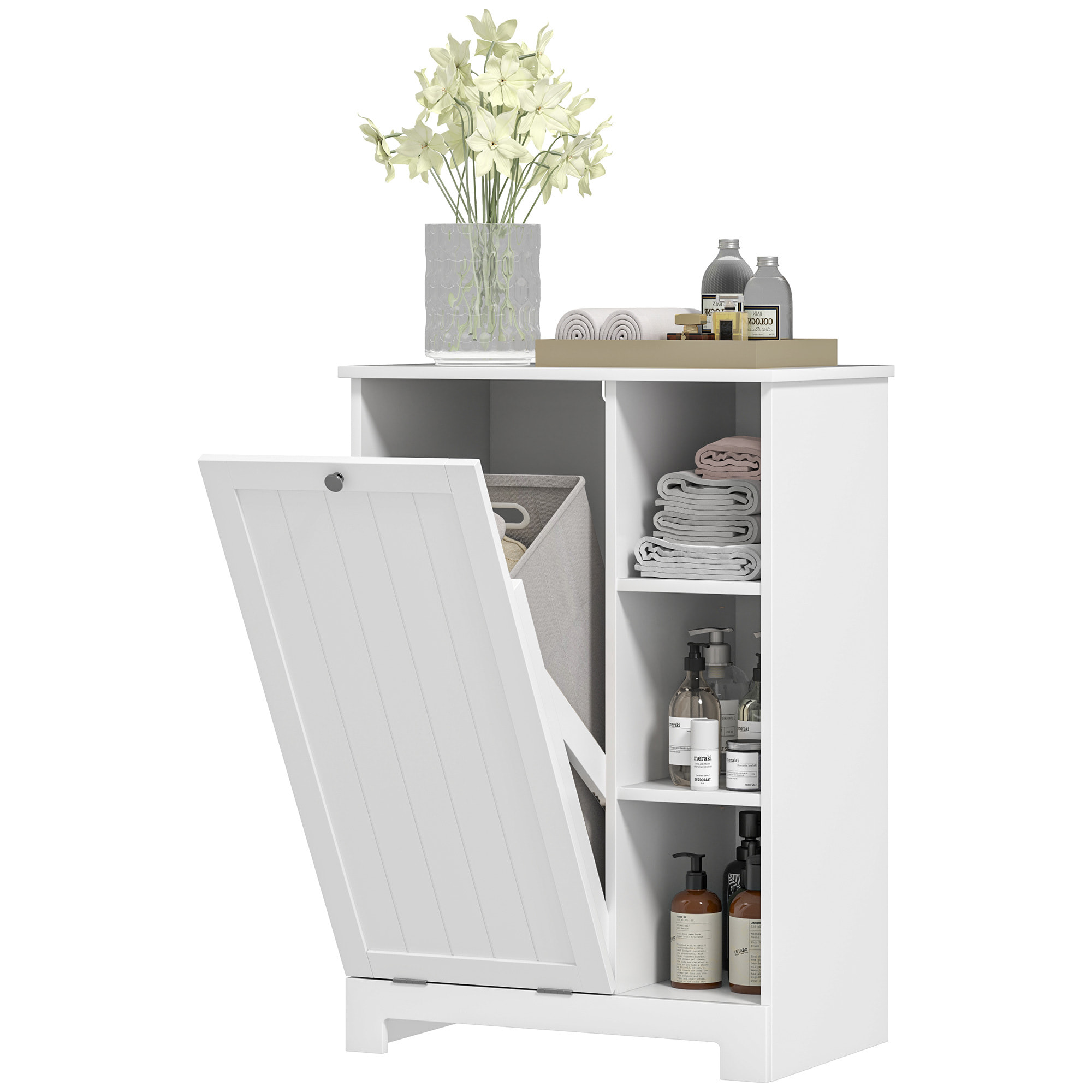 Armario de Baño con Cesto Ropa Sucia Mueble de Baño con Puerta Abatible Estantes Abiertos y Cesta Extraíble 60x38x86 cm Blanco