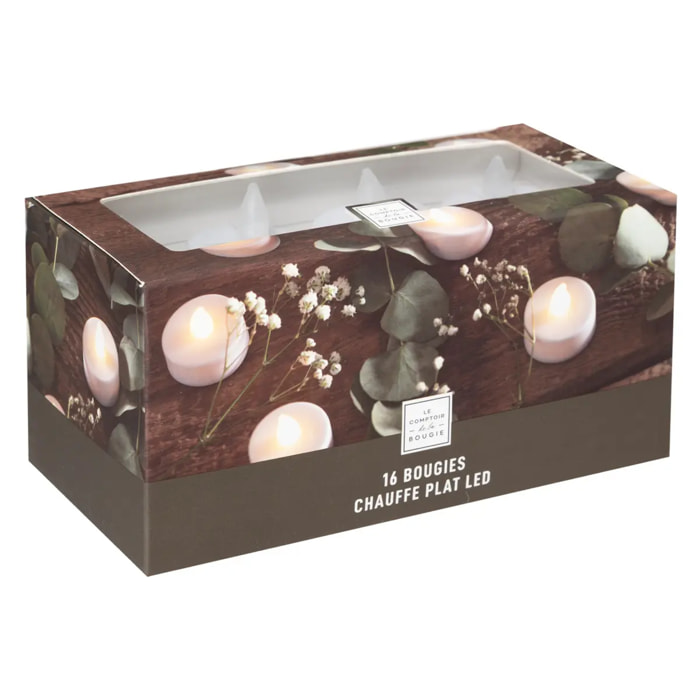 Lot de 16 bougies LED chauffe plat 3,8x3,7cm blanc