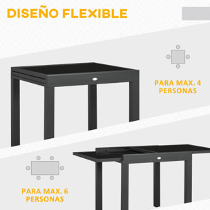 Mesa de Jardín Extensible de Aluminio Mesa de Comedor Rectangular con Encimera de Vidrio Templado Carga 50 kg para Terraza 80-160x80x75 cm Negro