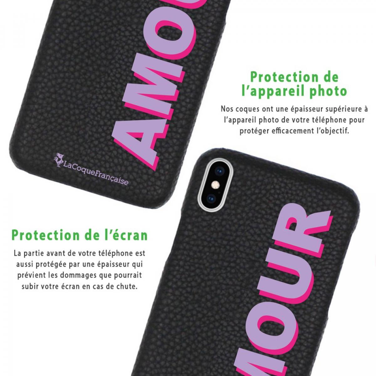 Coque iPhone X/XS effet cuir grainé noir Amour parme et fushia Design La Coque Francaise