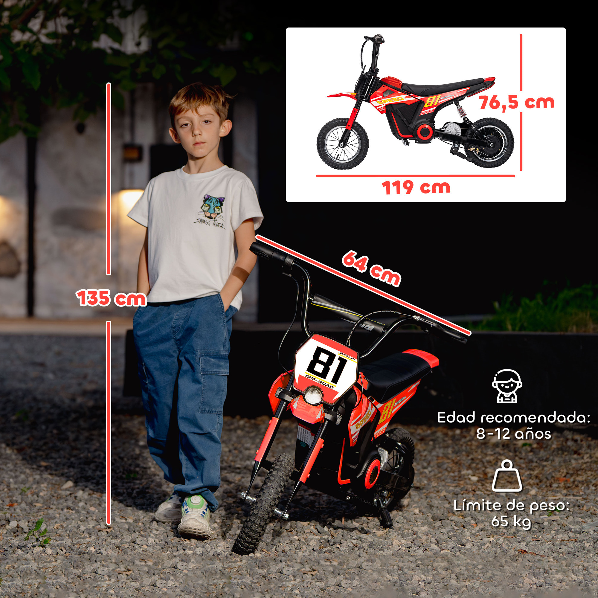 Moto Eléctrica para Niños 24V, Moto Eléctrica Infantil con Motor 250W, Velocidad de 6-16km/h, Ruedas de 12'' y Suspensión Trasera, para Niños de 8-12 Años, Rojo