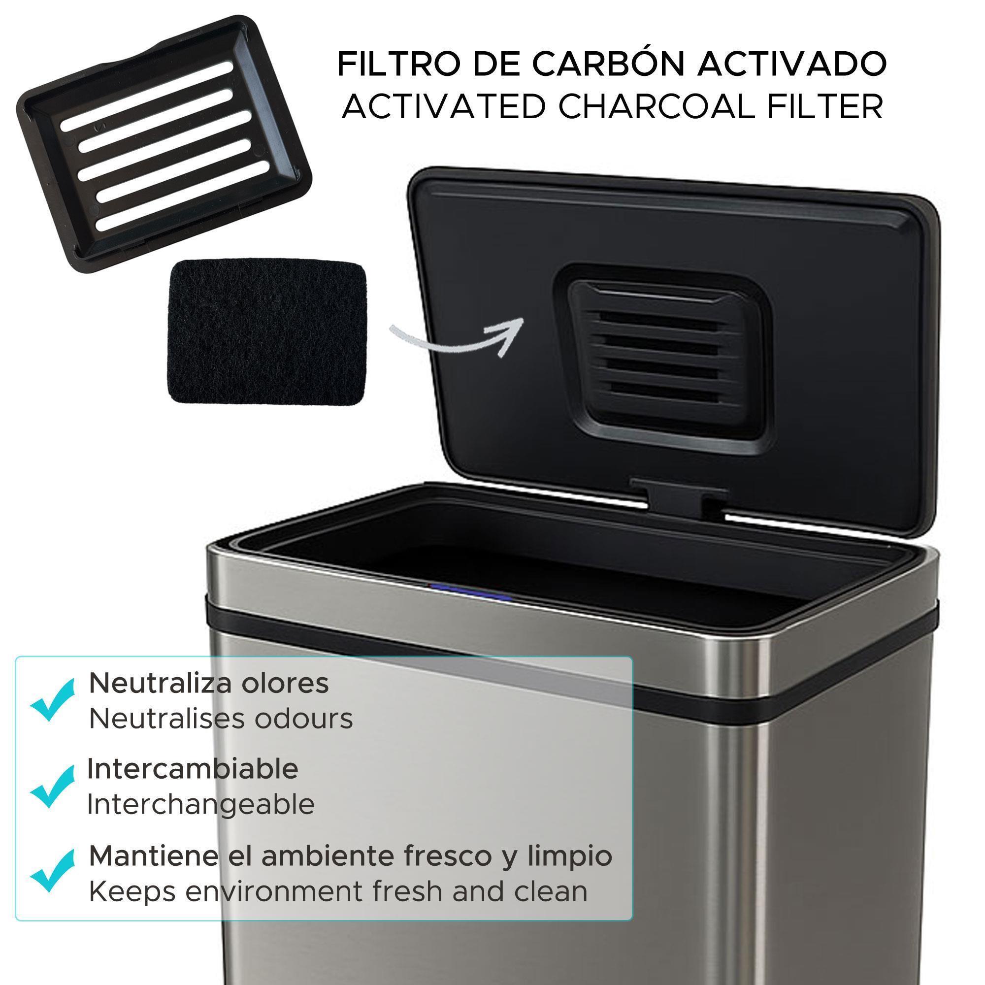 Cubo de basura de color metálico en acero inoxidable con sensor automático y filtro antiolor.