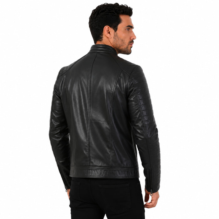 Giubbino in pelle di vitello nappa Nero-Slim Fit