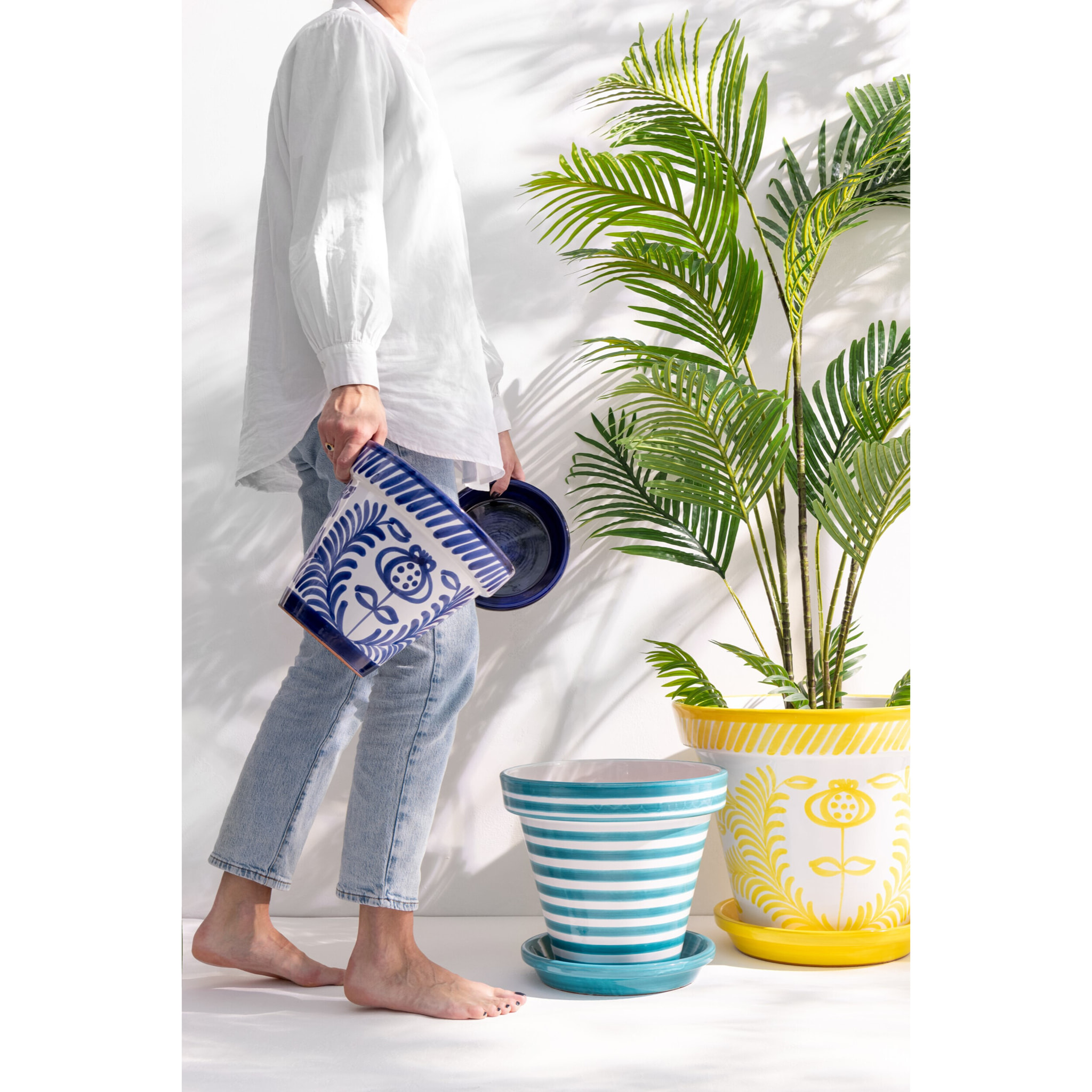 J-Line cache-pot Granada Stripes Handmade + Painted - céramique - bleu - medium - Ø 27 cm