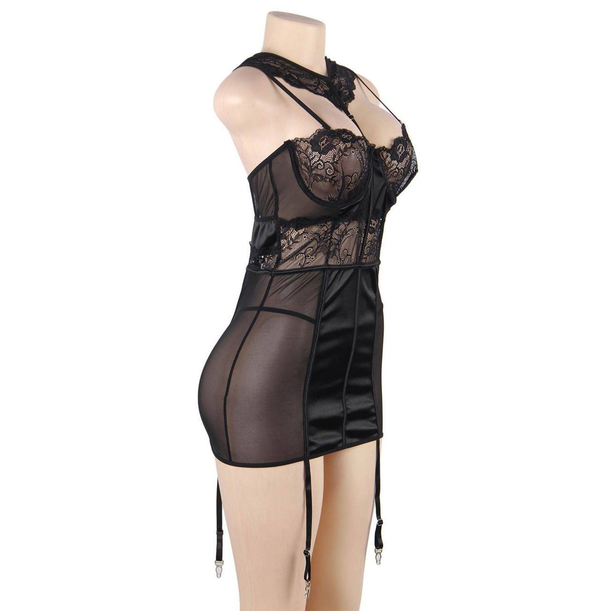 Babydoll de cuero negro de grande con copas de encaje y tirantes ajustables