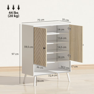 Zapatero de 2 Puertas con Diseño en Espiga, Zapatero Entrada Recibidor con Estantes Ajustables, Compartimento Abierto, para 15 Pares de Zapatos, 75x35x97 cm, Blanco y Natural