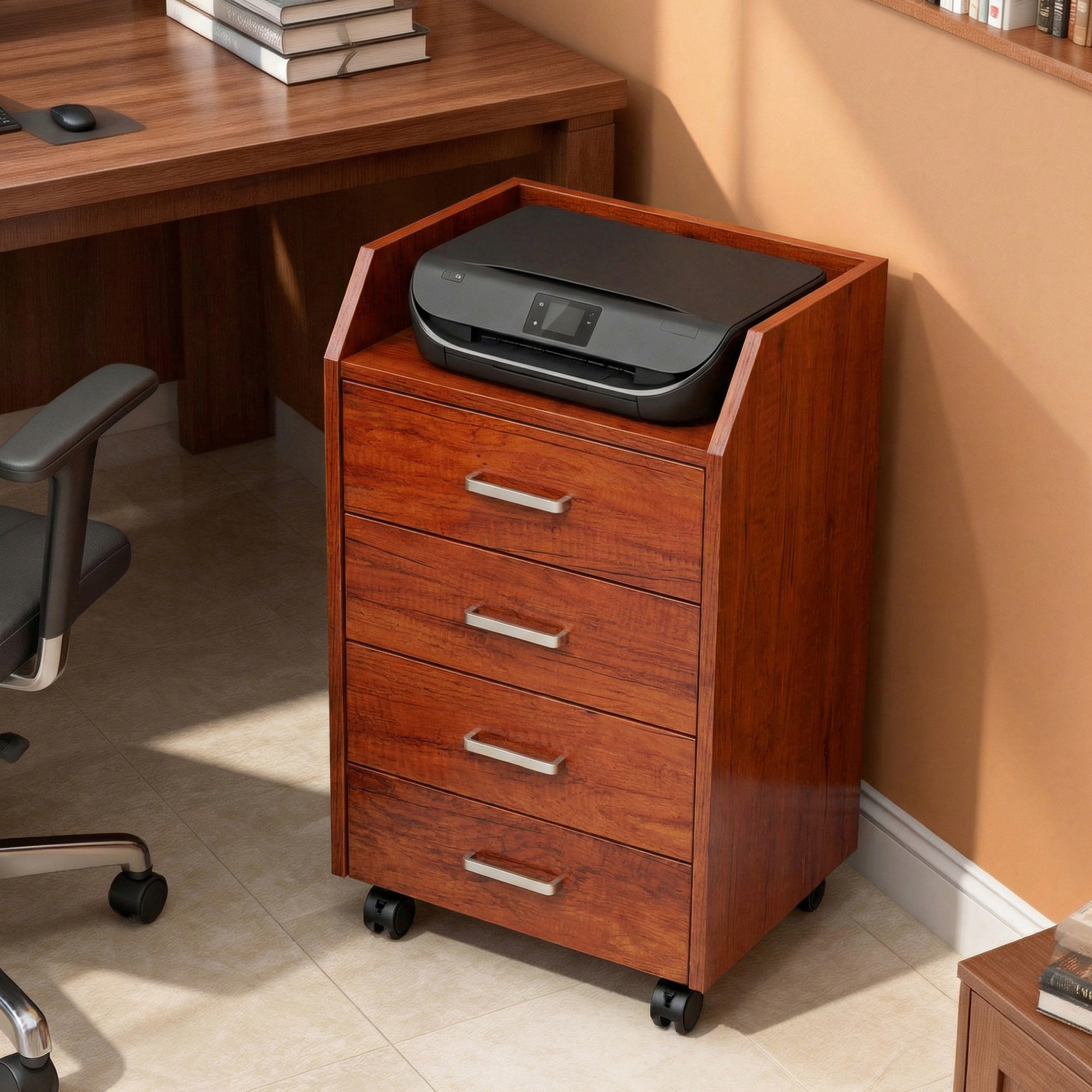 Cajonera de Escritorio con Ruedas, Cajonera de Oficina con 4 Cajones, Archivador Móvil para Estudio, Salón, para Debajo del Escritorio, 40x36x65 cm, Marrón