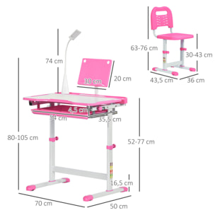 Juego de Escritorio y Silla para Niños de +6 Años Pupitre Infantil Altura Ajustable Escritorio Infantil con Mesa Inclinable Lámpara Cajón y Estante para Libros Rosa