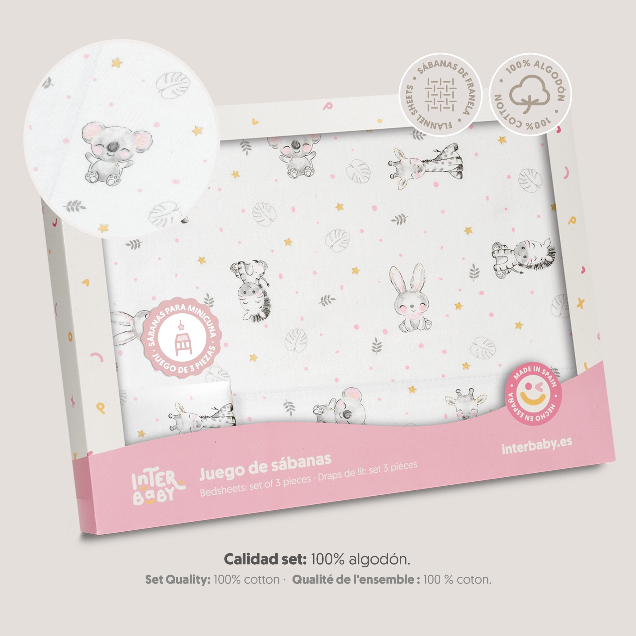 Triptico Minicuna Franela Modelo Koala Bco/Rosa
