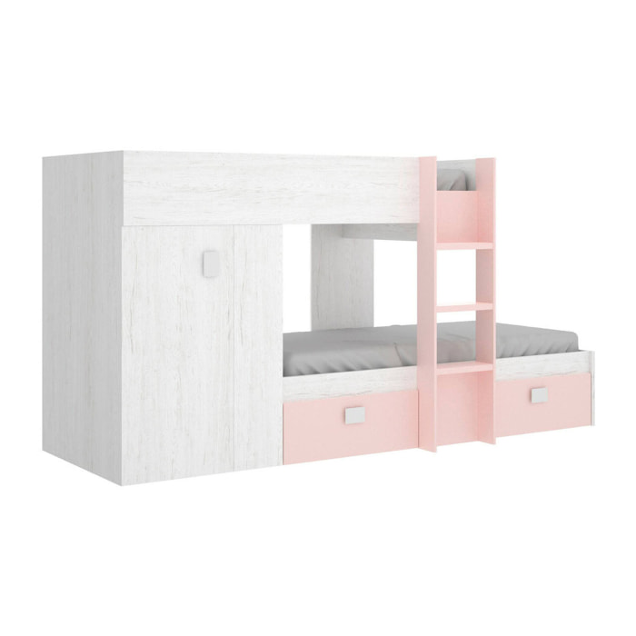 Letto per bambini Cevedale, Cameretta completa con armadio e cassetti, Composizione letto a castello con due lettini singoli, 271x111h150 cm, Bianco e Rosa