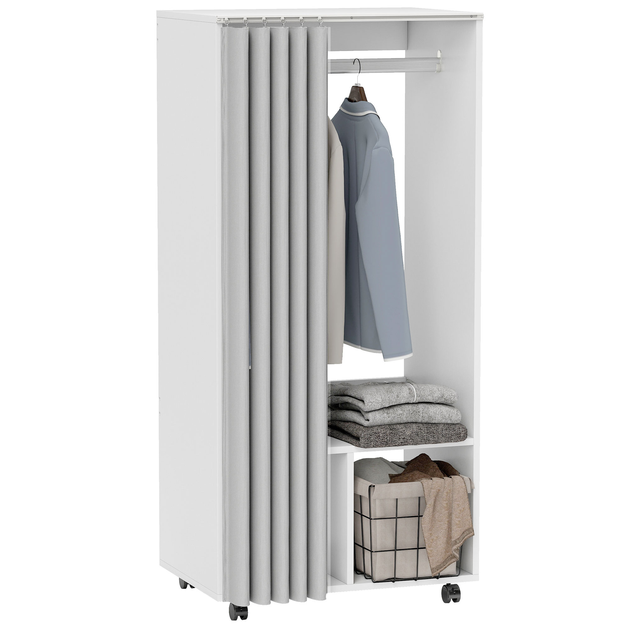 HOMCOM Armario Ropero con Ruedas, Armario para Ropa con Cortina, Barra para Colgar, 2 Compartimentos, Organizador de Ropa para Dormitorio, 60x40x128 cm, Blanco