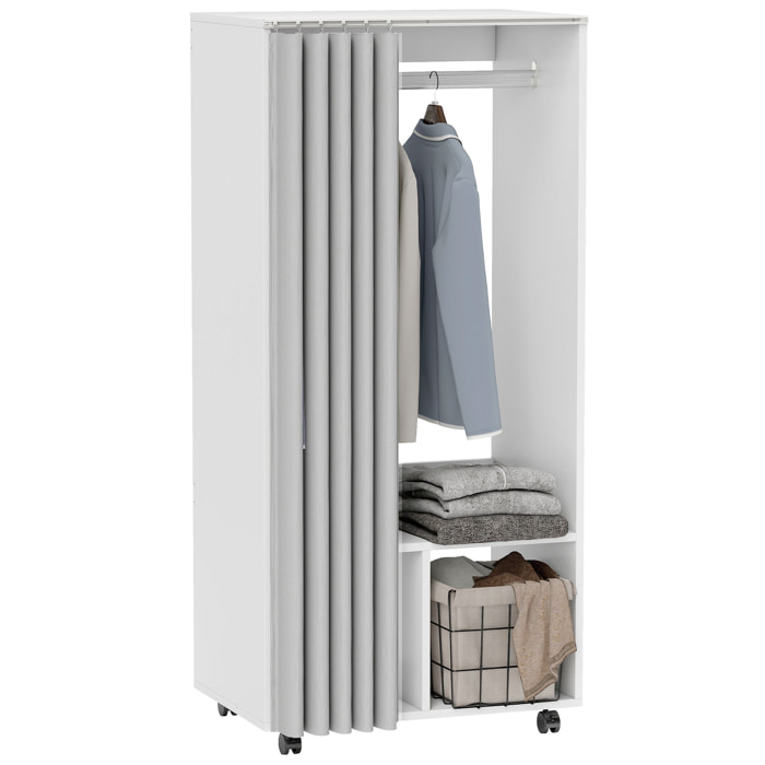 HOMCOM Armario Ropero con Ruedas, Armario para Ropa con Cortina, Barra para Colgar, 2 Compartimentos, Organizador de Ropa para Dormitorio, 60x40x128 cm, Blanco