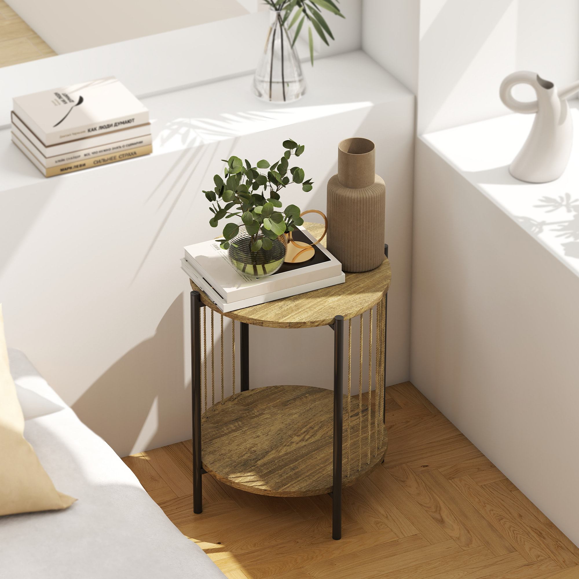 Mesa Auxiliar Redonda de 2 Niveles Mesita Auxiliar Bohemio con Estante y Estructura de Acero para Salón Dormitorio 43,5x43,5x51 cm Natural