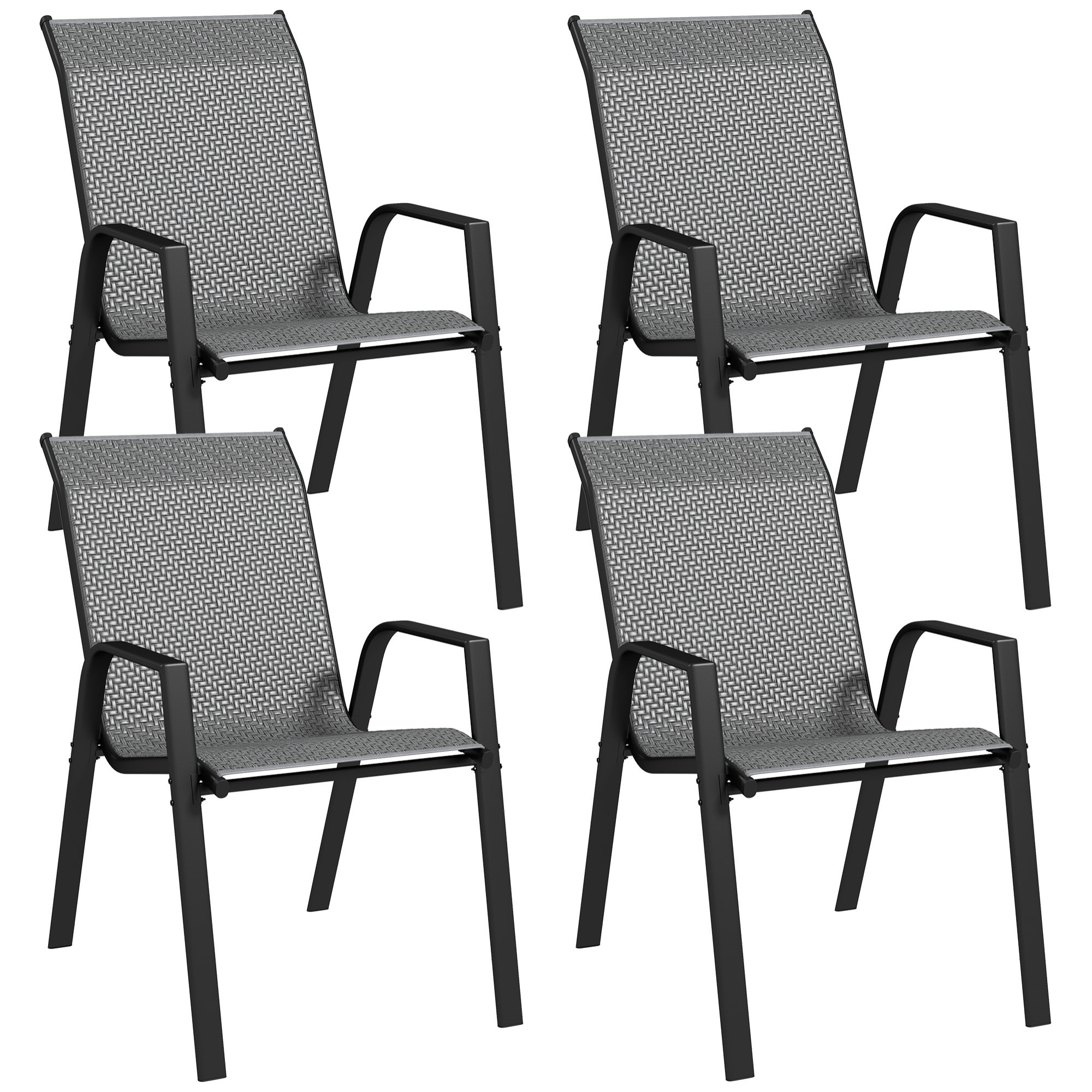 Lot de 4 chaises de jardin empilables - accoudoirs - design - acier époxy noir résine tressée grise