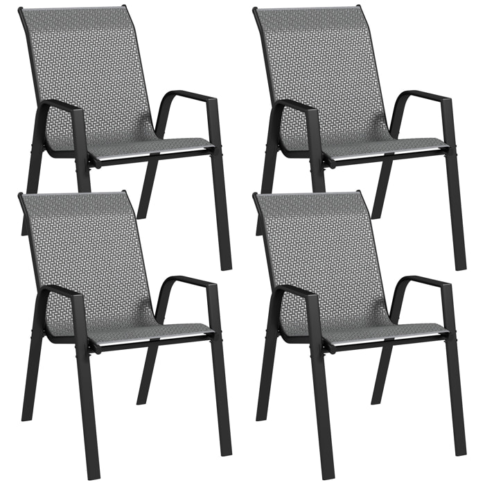 Lot de 4 chaises de jardin empilables - accoudoirs - design - acier époxy noir résine tressée grise