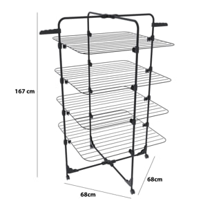 Stendibiancheria Da Pavimento Con Rotelle Stendino A Torre Verticale In Acciaio 4 Ripiani 2 Appendi Grucce Pieghevole 168.5x71x71 Cm Nero Opaco