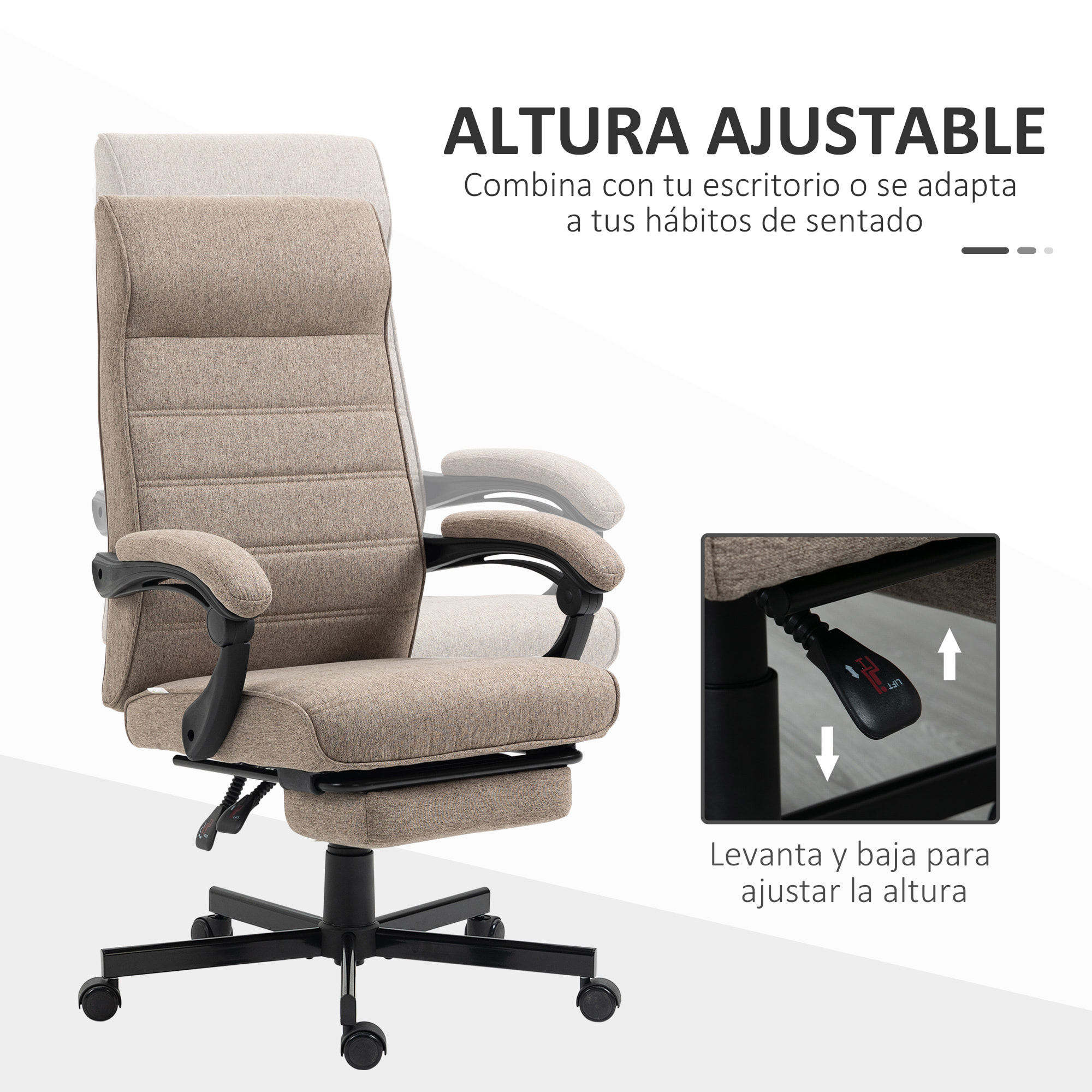 Silla de Oficina Giratorio Silla de Escritorio Reclinable de Tela con Altura Ajustable Reposabrazos y Reposapiés Retráctil para Salón Oficina Estudio Carga 120 kg 68x67x106-114 cm Marrón