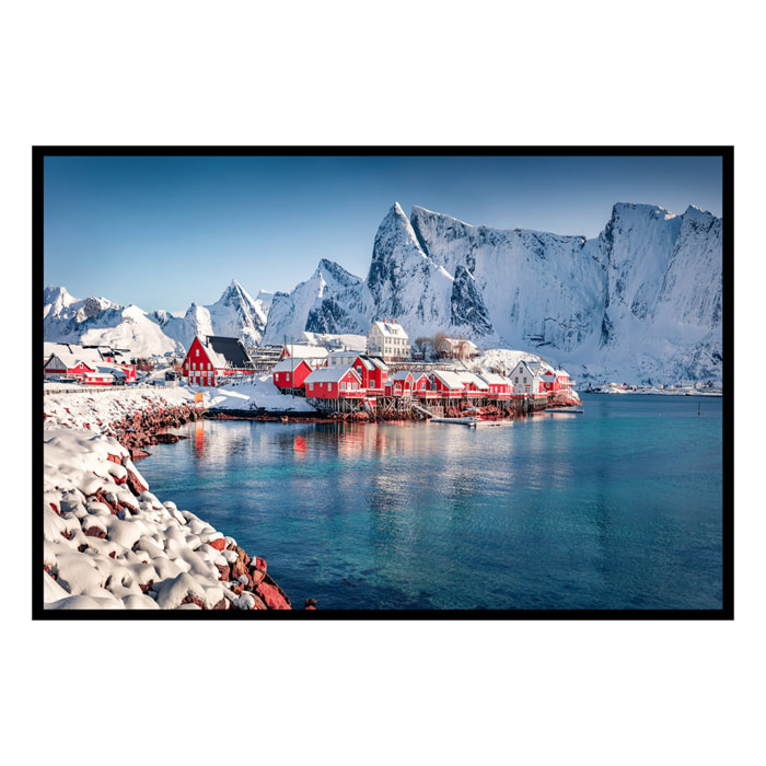 Affiche encadrée paysage montagne hiver village rouge Affiche + cadre en métal - Noir