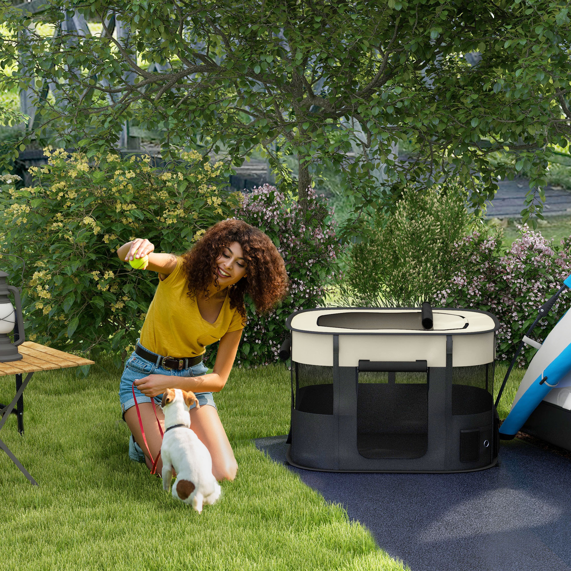Parc pour chien pliable dim. 94L x 74l x 60H cm tissu Oxford crème noir