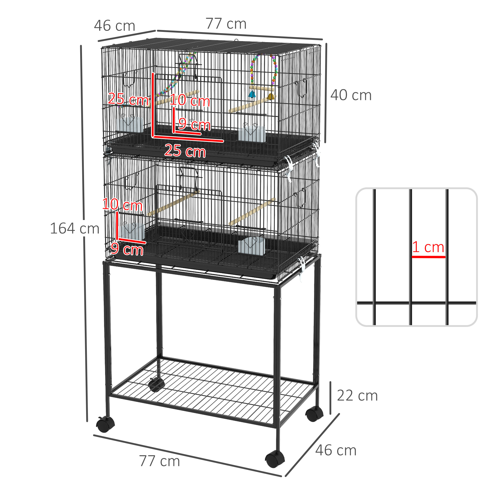 Double cage à oiseaux sur roulettes - étagère, plateau déjection, 4 perchoirs, 4 mangeoirs, poignée - dim. 77L x 46l x 164H cm acier noir