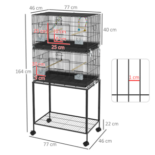 Double cage à oiseaux sur roulettes - étagère, plateau déjection, 4 perchoirs, 4 mangeoirs, poignée - dim. 77L x 46l x 164H cm acier noir