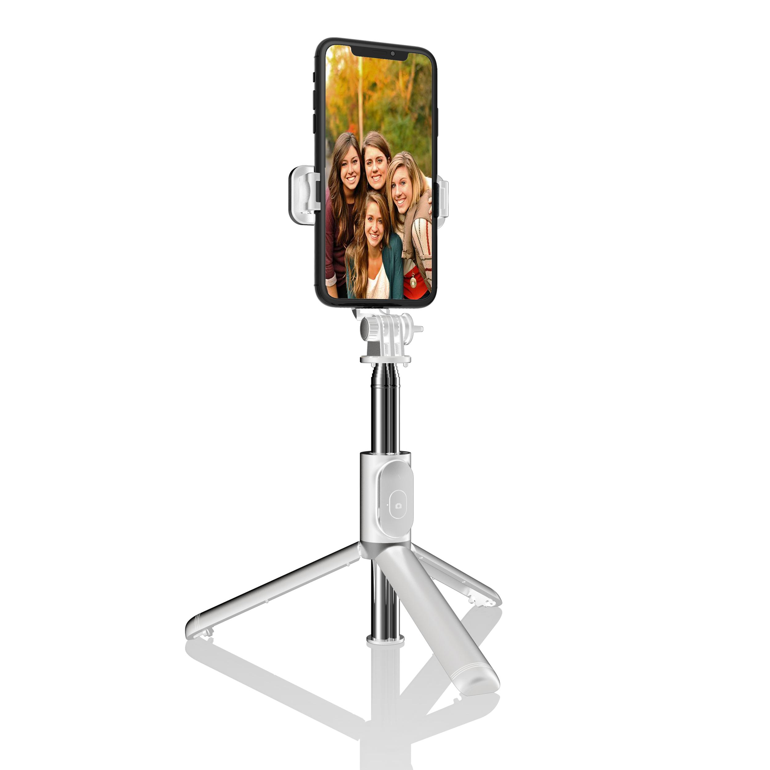 Palo selfie stick con trípode extensible y disparador remoto Bluetooth.