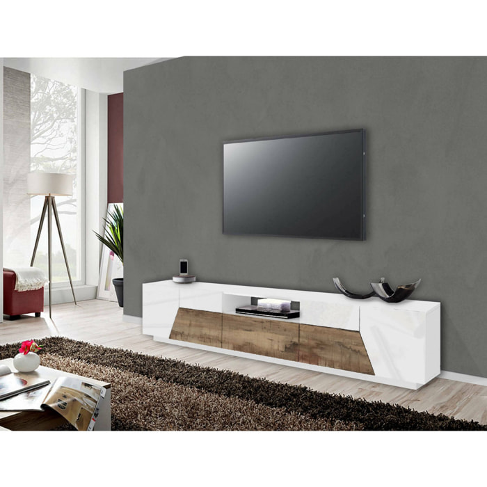 Mobile da soggiorno Porta TV, Made in Italy, Supporto per TV da salotto a 4 ante geometriche e 1 cassetto, Cm 220x43h46, Bianco lucido e Acero